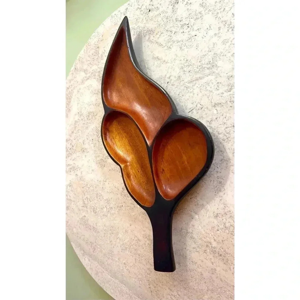 Vintage Wooden Serving Tray Leaf Design Nut Mints Candy‎ Bowl Dish Brown 6.5x13"